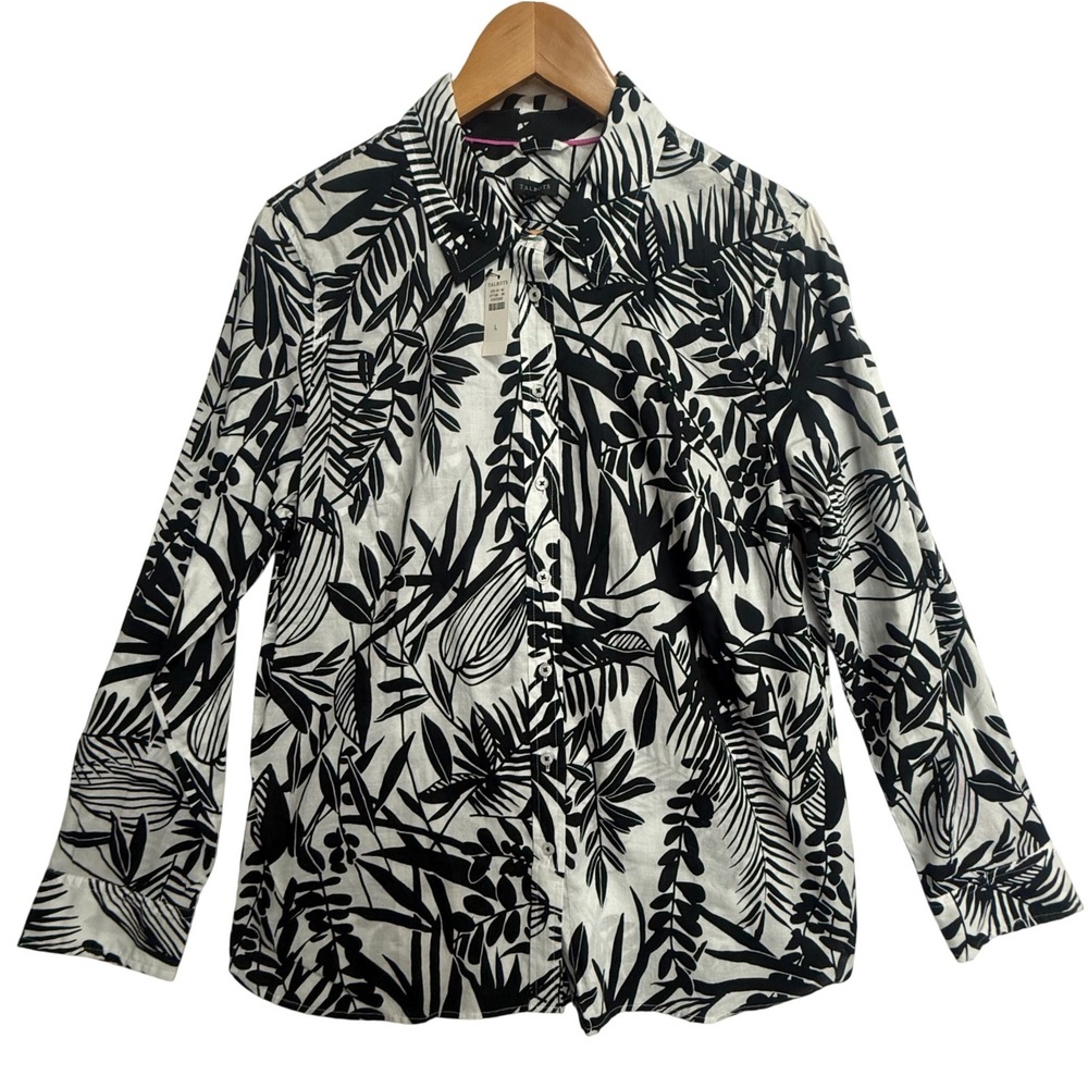 Talbots Tropical Leaf Print Button Front Shirt Womens L NWT Cotton